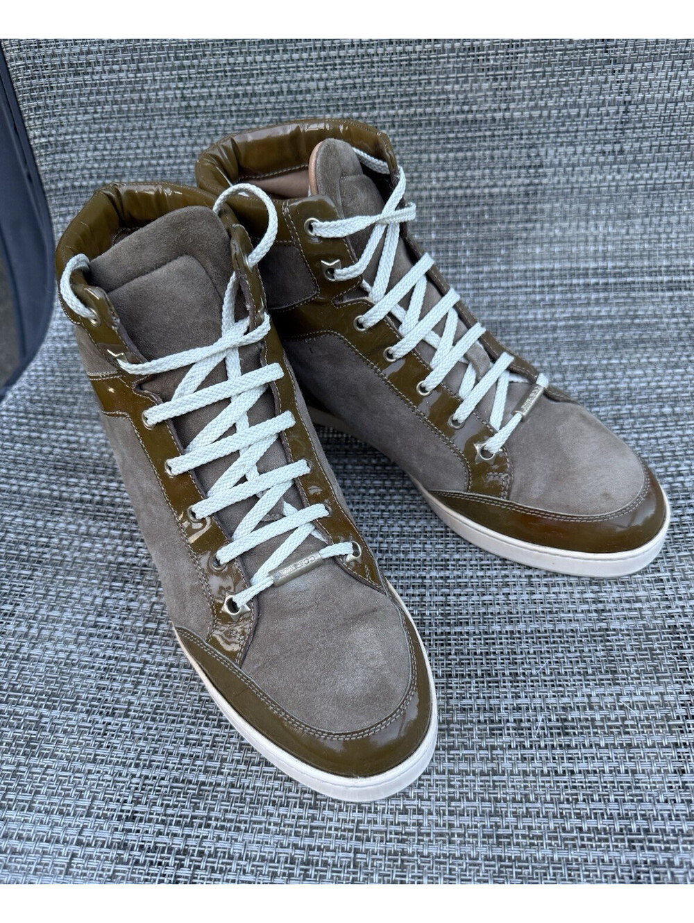 Jimmy Choo Tokyo High Top Suede Patent Leather Sneaker Women's Sz 37.5 /US 7.5-8 - Picture 2 of 16